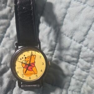 Black Leather Strap Watch with Bear Design